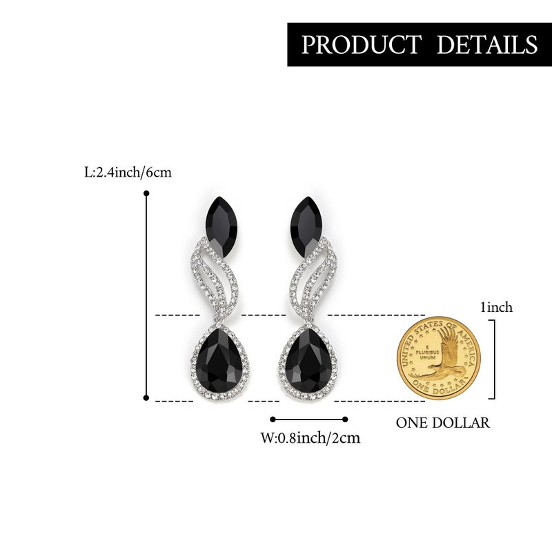 BriLove Statement Long Dangle Earrings for Women Fashion Crystal Hollow Leaf Teardrop Large Jewelry Black Silver-Tone - Image 5